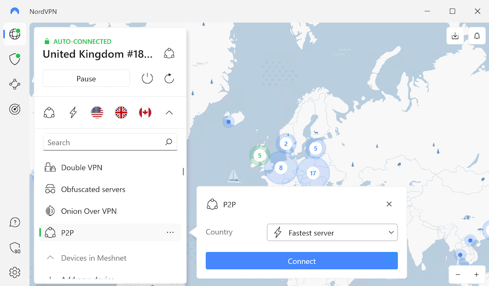 Selecting NordVPN's P2P servers in its app