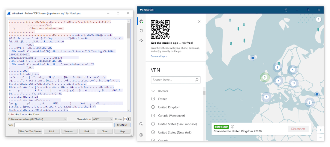 Test du chiffrement de NordVPN à l'aide de Wireshark.