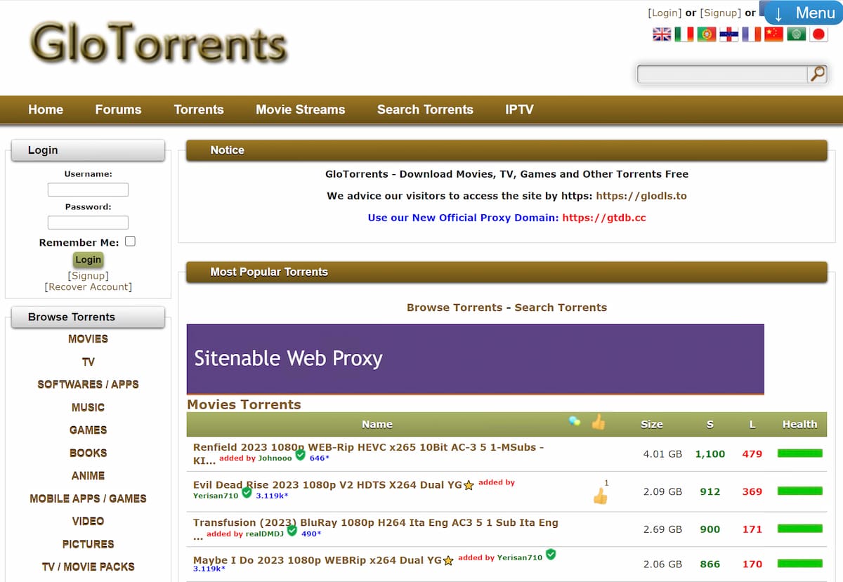La página de torrents de GloTorrents