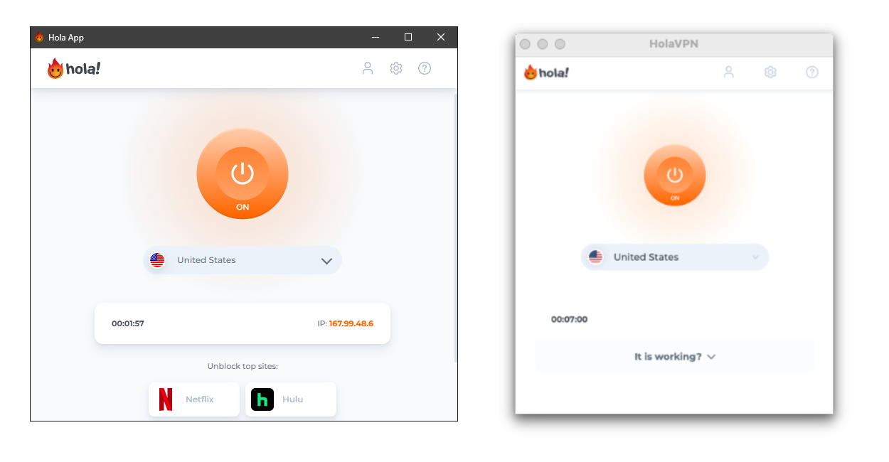 Hola VPN's Windows and macOS apps side-by-side