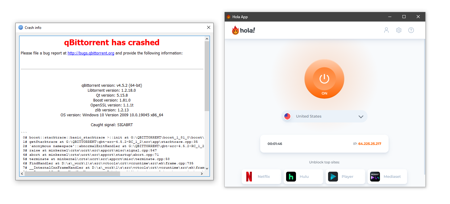 Hola VPN causing a torrent client to crash