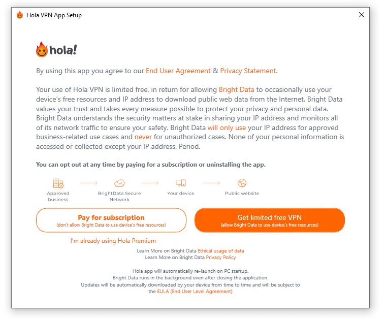 Accord d'utilisation de Hola VPN