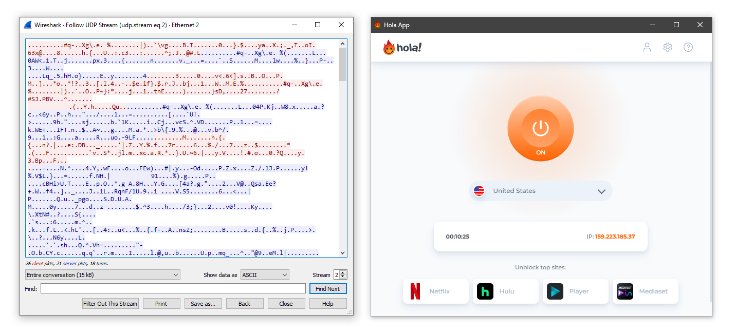 Risultati di Wireshark con Hola VPN 