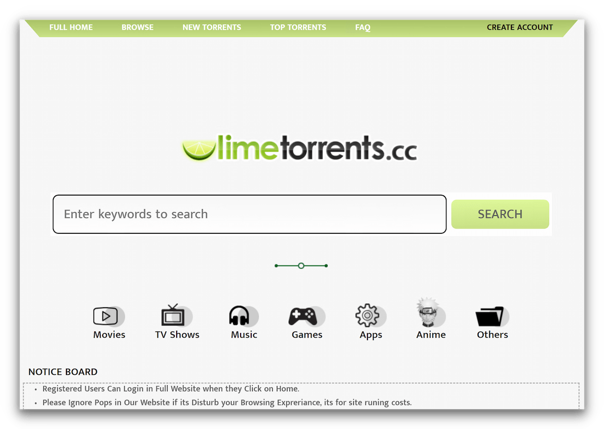 La página de torrents de LimeTorrents 