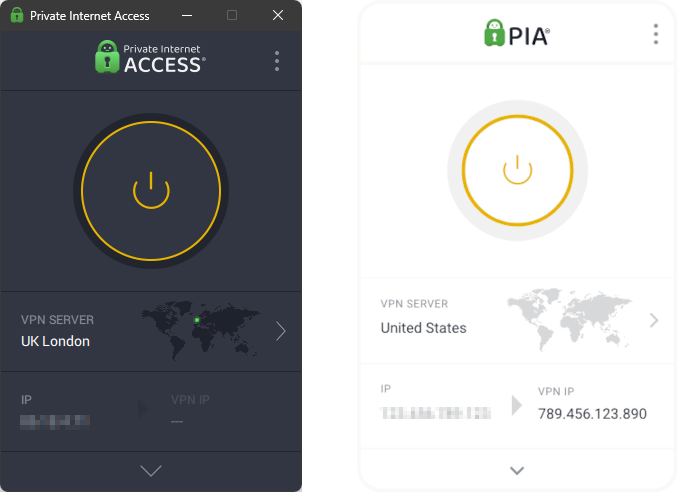 Private Internet Access' apps for Windows and macOS, compared side by side - they look identical,