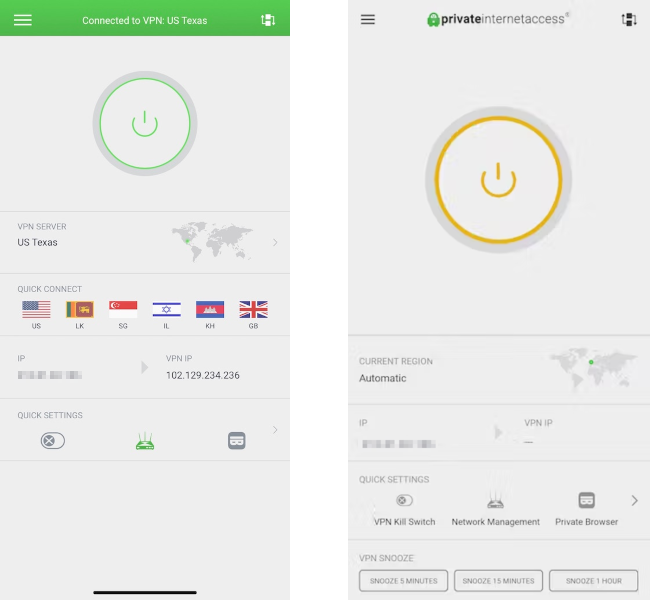 Private Internet Access' mobile apps side by side. iOS and Android are almost identical.