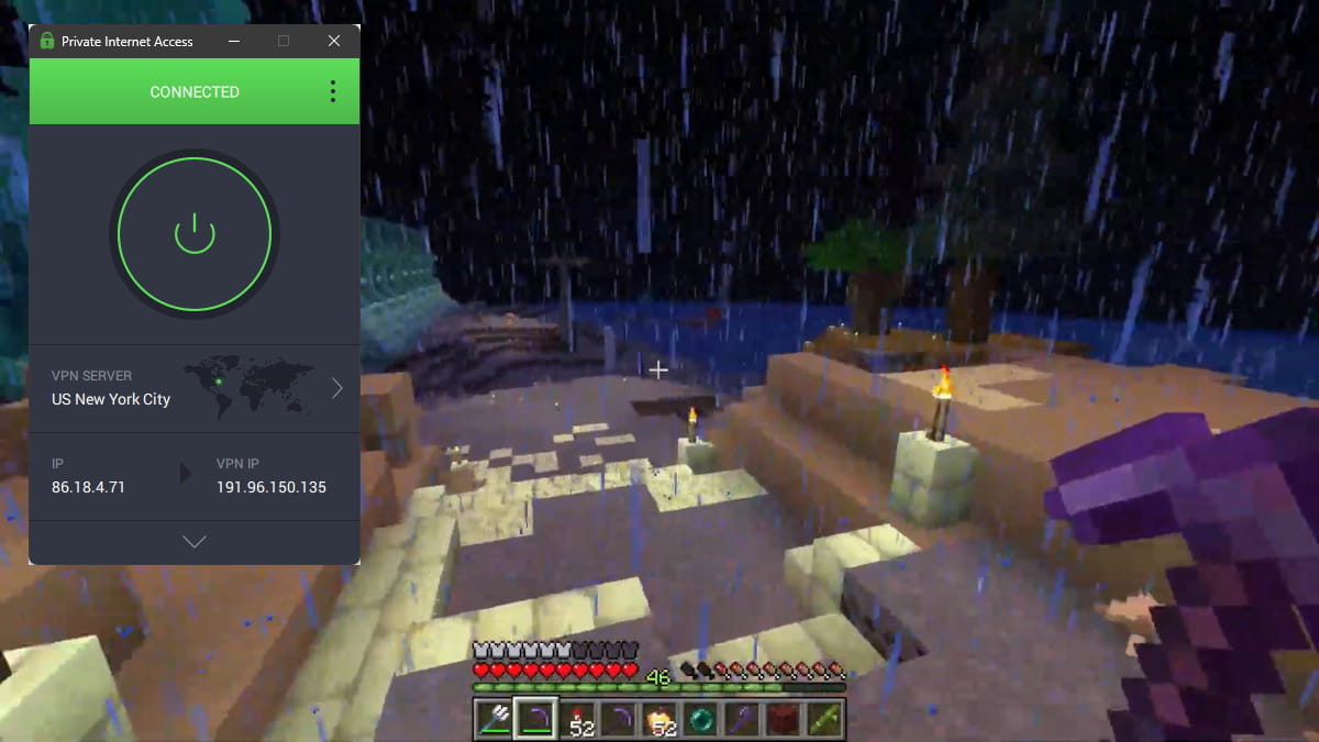 Jogando Minecraft enquanto usamos a PIA no Windows.