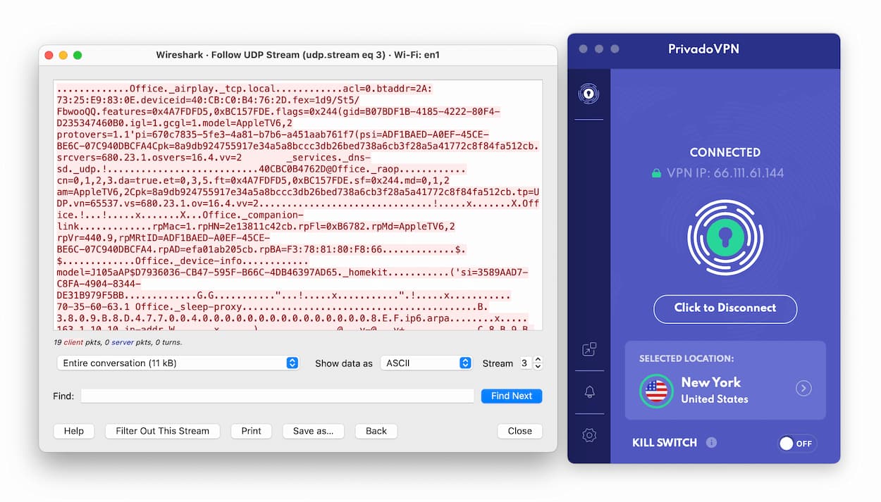 Test di crittografia Wireshark di PrivadoVPN.