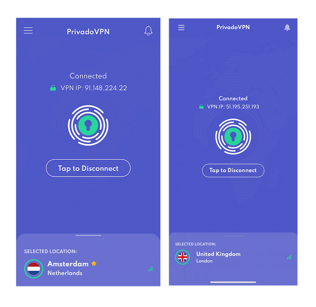Porównanie aplikacji mobilnych PrivadoVPN obok siebie