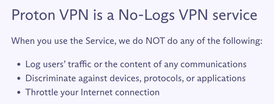 Una captura de pantalla de la política de privacidad de Proton VPN diciendo que no registra datos identificativos