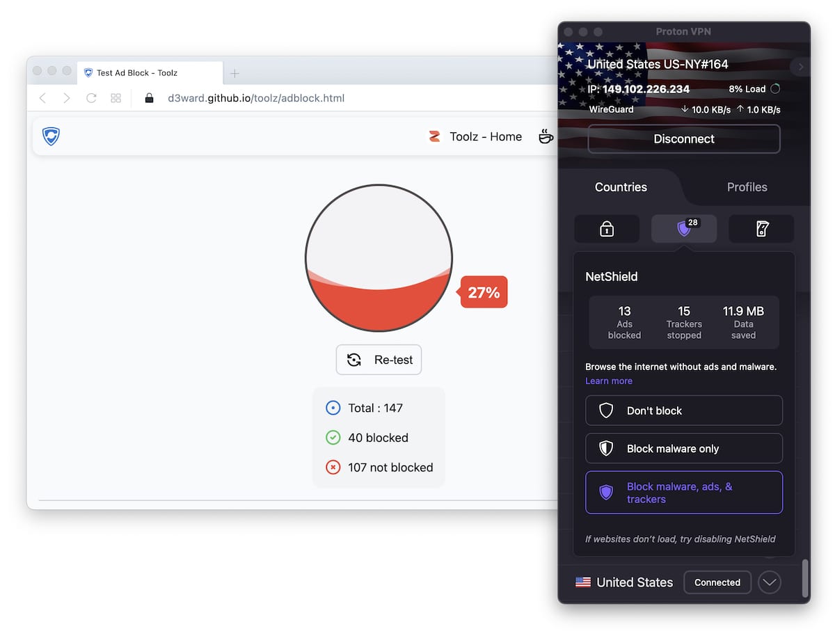 Testing Proton VPN's built-in ad and tracker blocker, NetShield. It returns a 27% success rate with the d3ward ad block testing tool