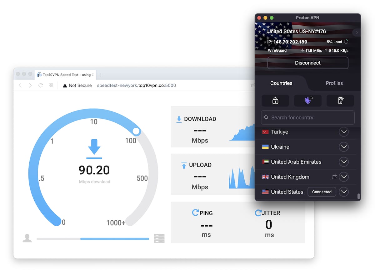 Running a speed test using our New York server with Proton VPN. It is producing a fast download speed of over 90Mbps.