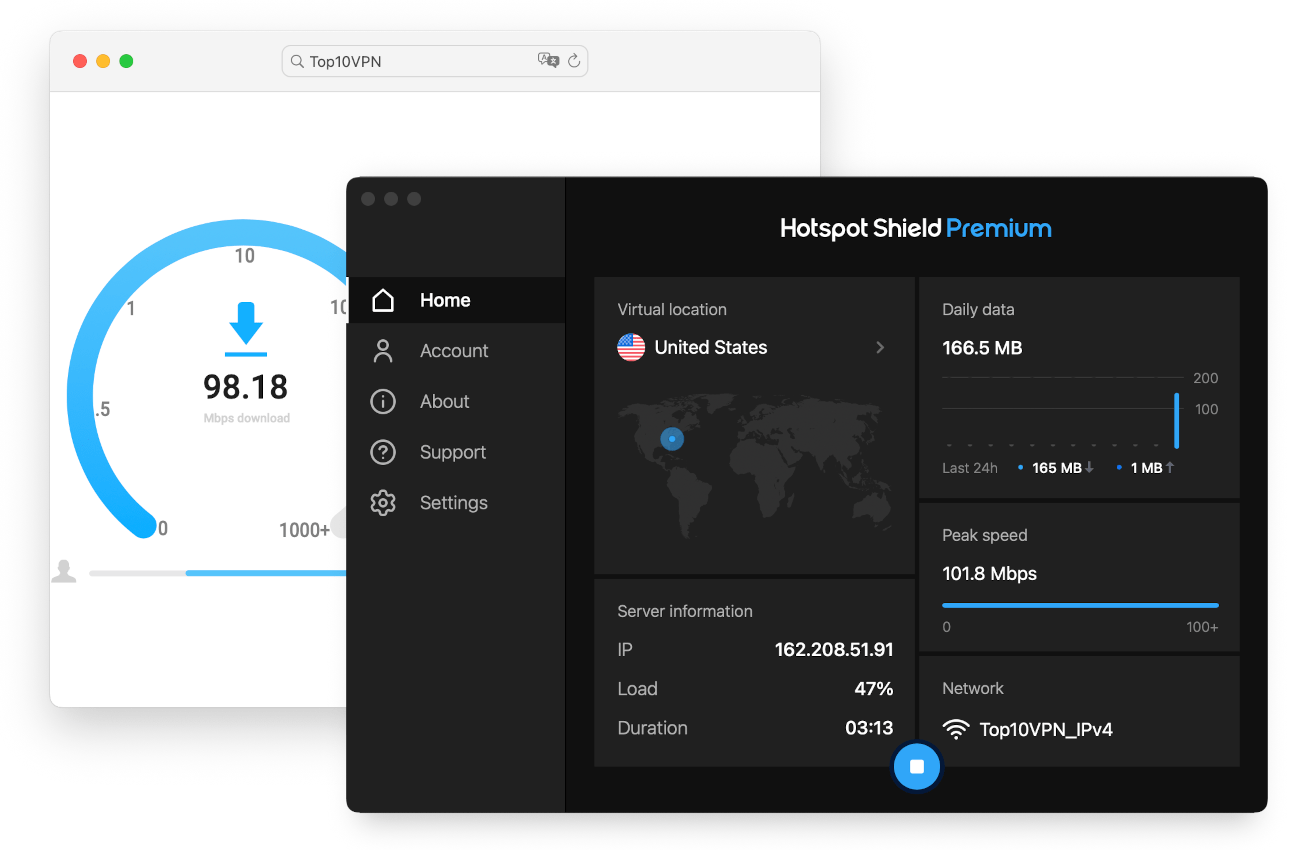 Top10VPN의 자체 속도 테스트 도구를 사용한 Hotspot Shield 속도 테스트