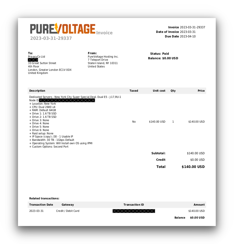 Invoice for renting a speed test server in New York