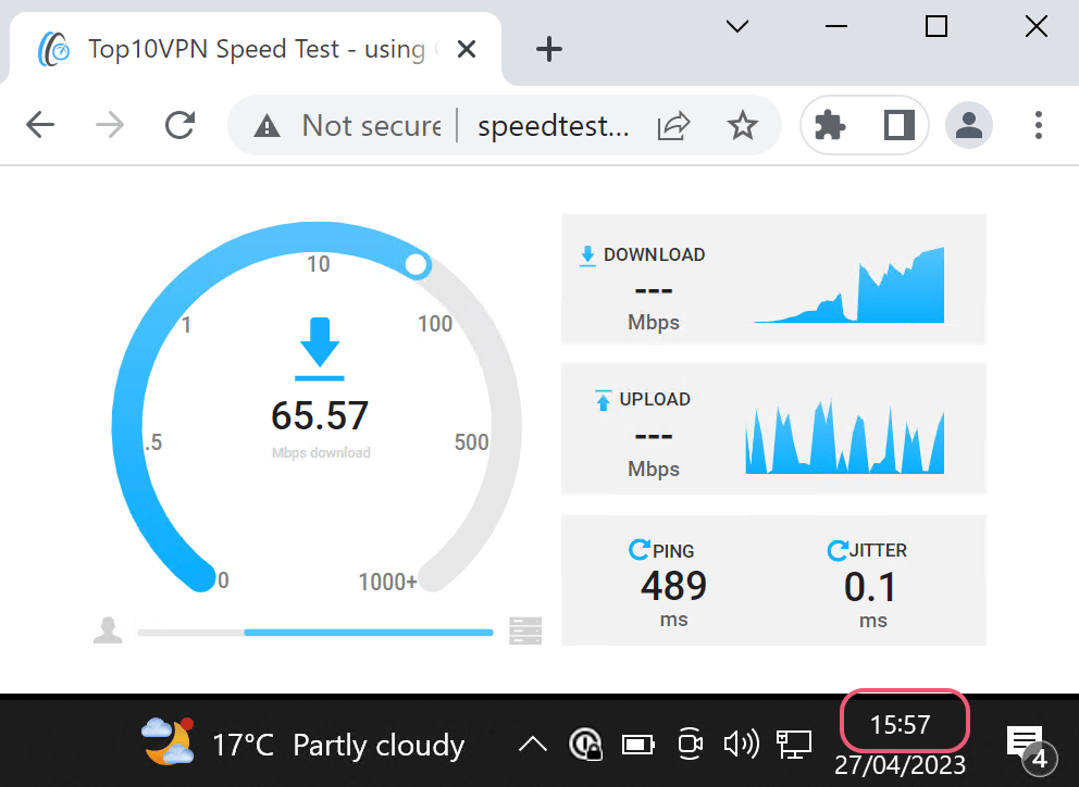 Test di velocità in corso con il tempo di 15:57 chiaramente indicato.