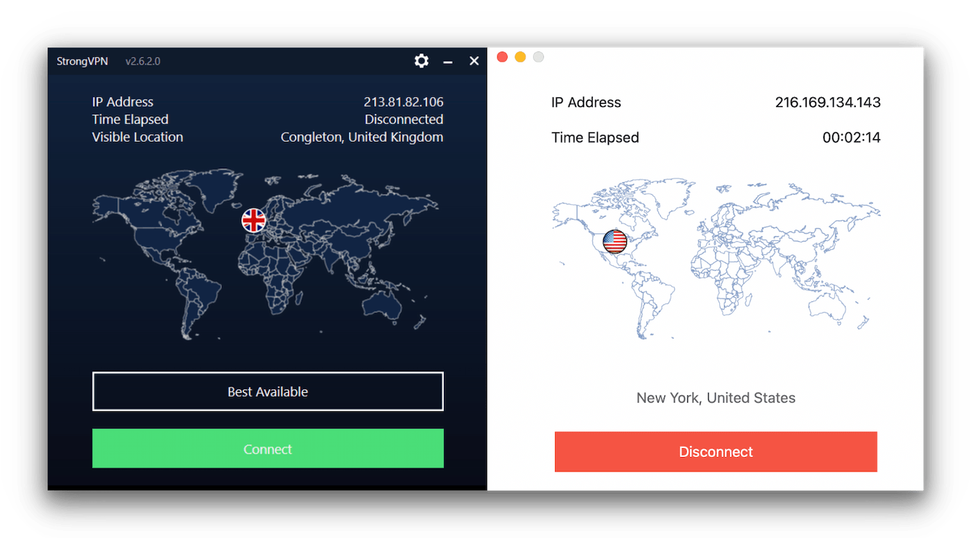 Screenshots of StrongVPN homepages on Mac and Windows