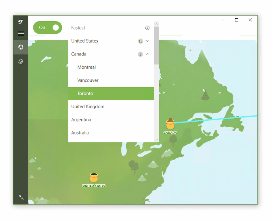 Immagine dei server delle città nell'app TunnelBear per Windows.