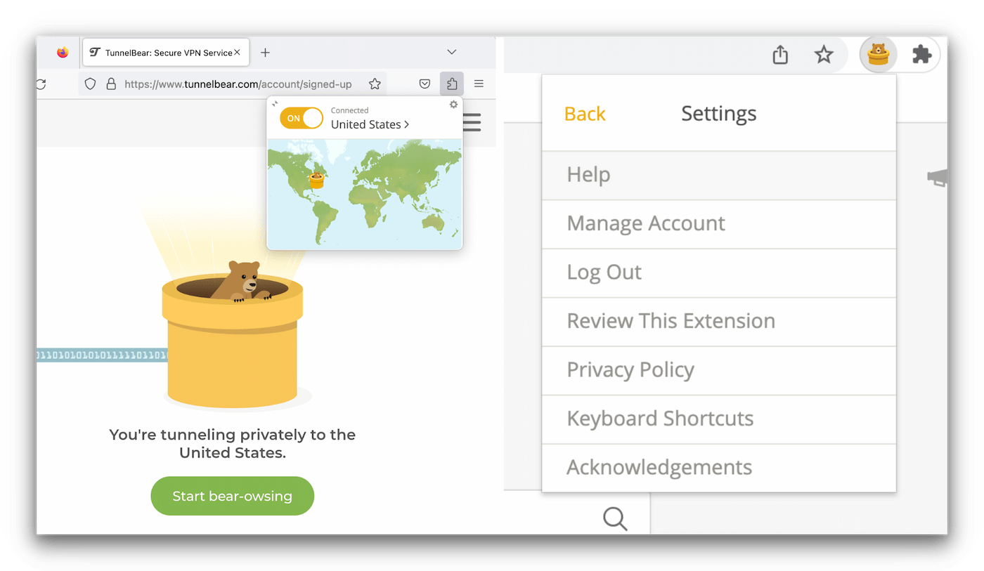 L'extension de navigateur de TunelBear est très simple.