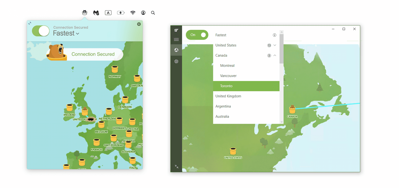 Captures d'écran de l'application de TunnelBear sur macOS et sur les appareils Windows. 