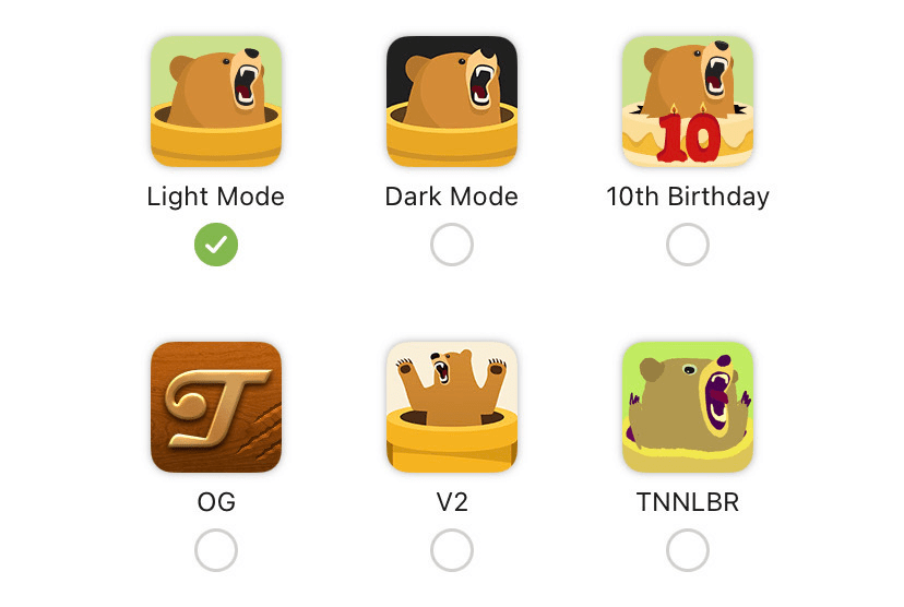 Opções de ícones no aplicativo iOS da TunnelBear. 