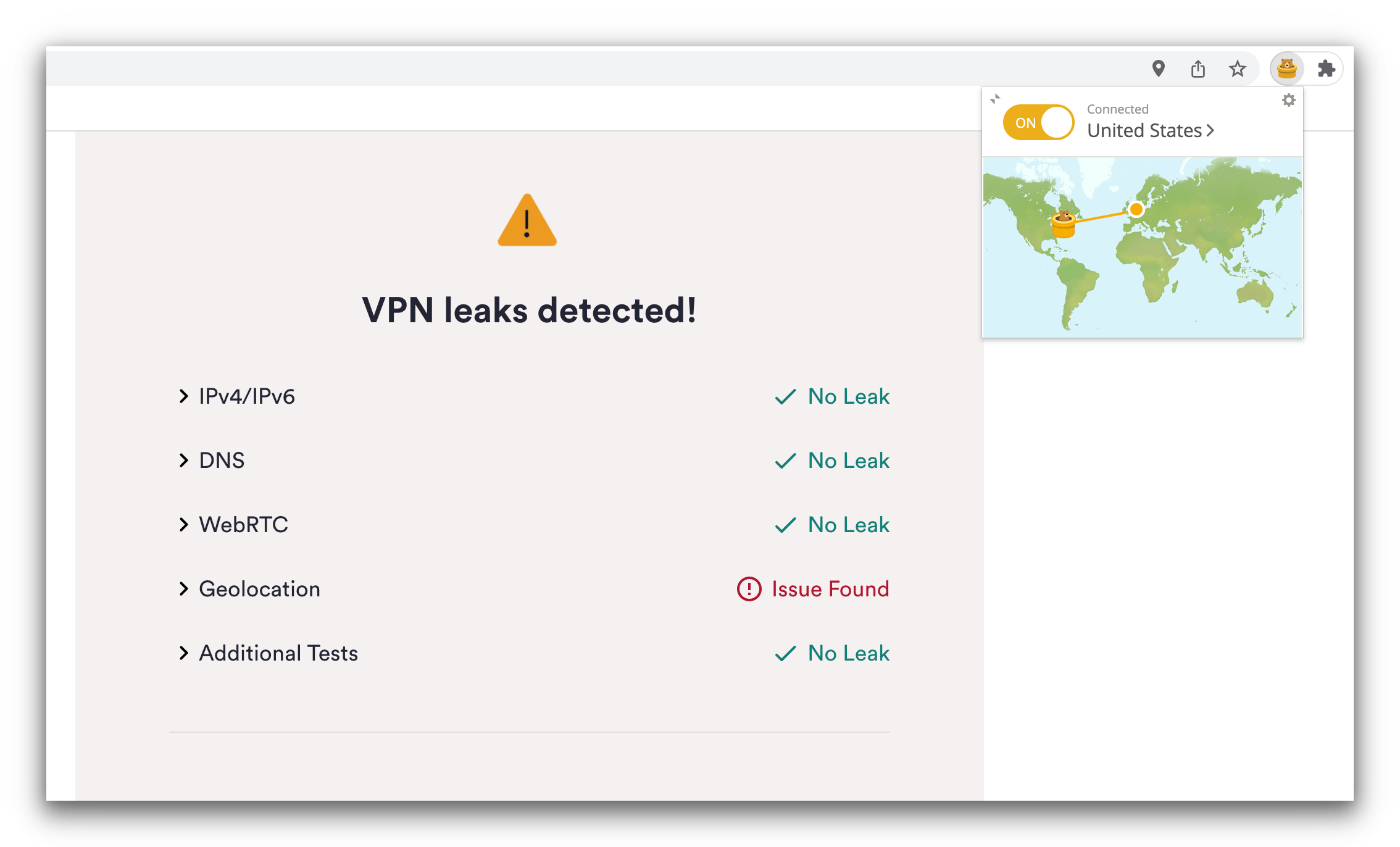VPN leak test with TunnelBear showing it leaks Geolocation information.