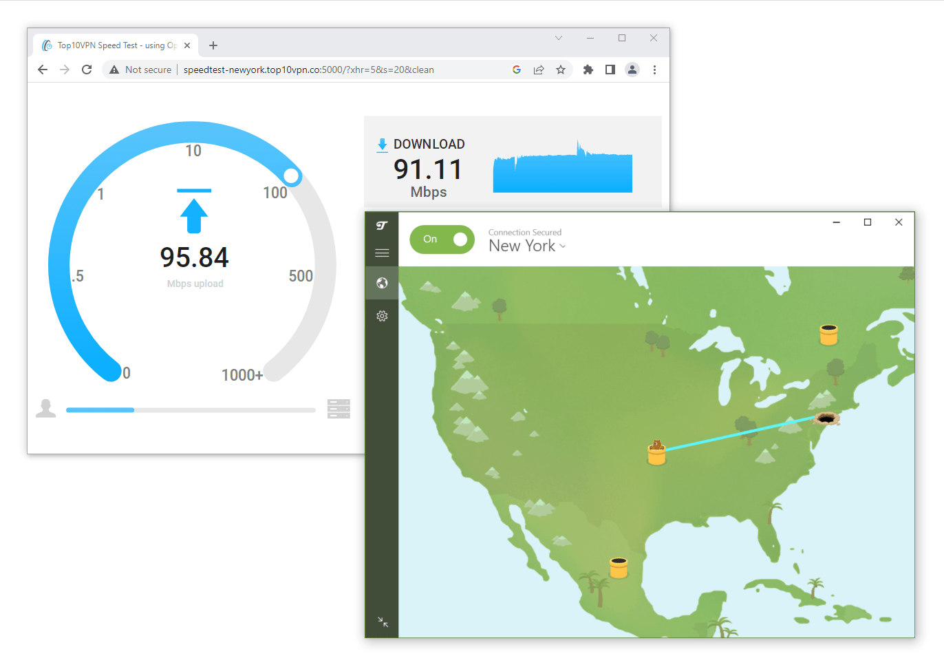 Zrzut ekranu z testów prędkości TunnelBear VPN.