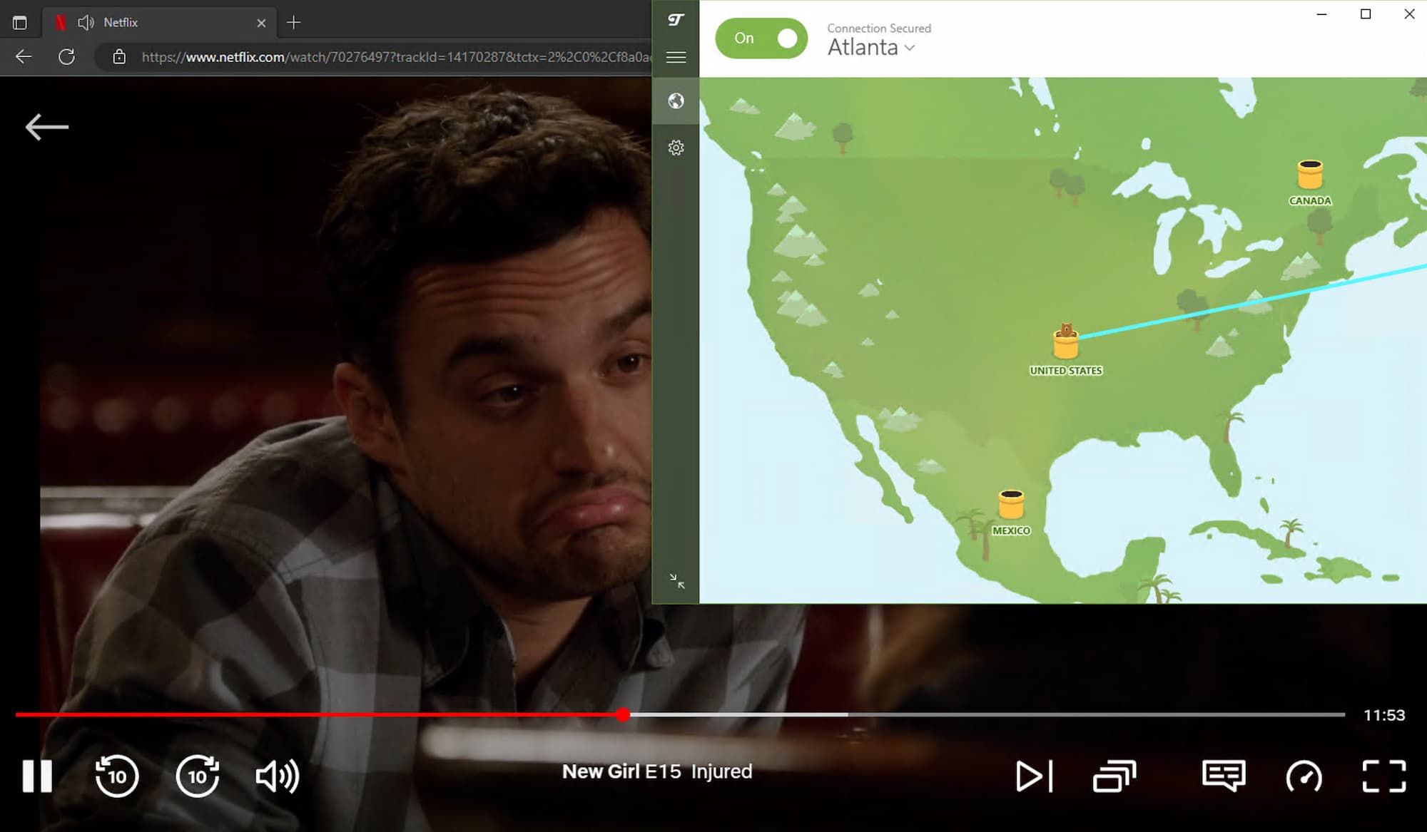 Streaming de New Girl sur US Netflxi tout en étant connecté à un sever à Atlanta, US sur TunnelBear premium.