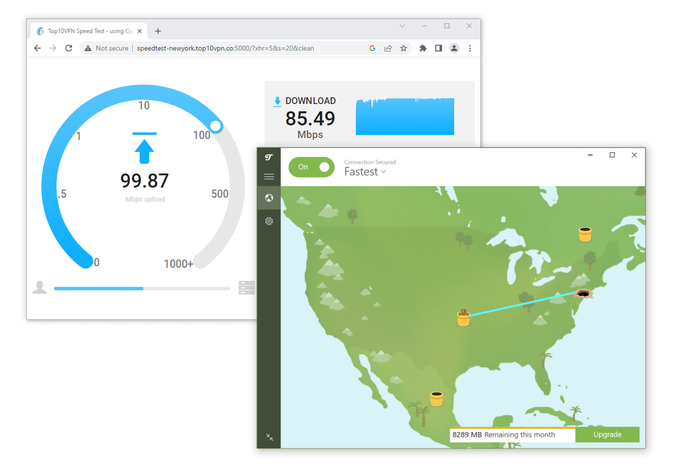 Capture d'écran des tests de vitesse avec la version gratuite de TunnelBear.