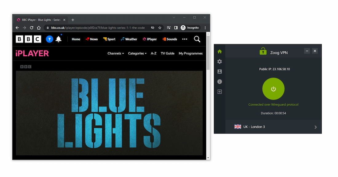 Screenshot of BBC iPlayer streaming Blue Lights while connected to ZoogVPN.