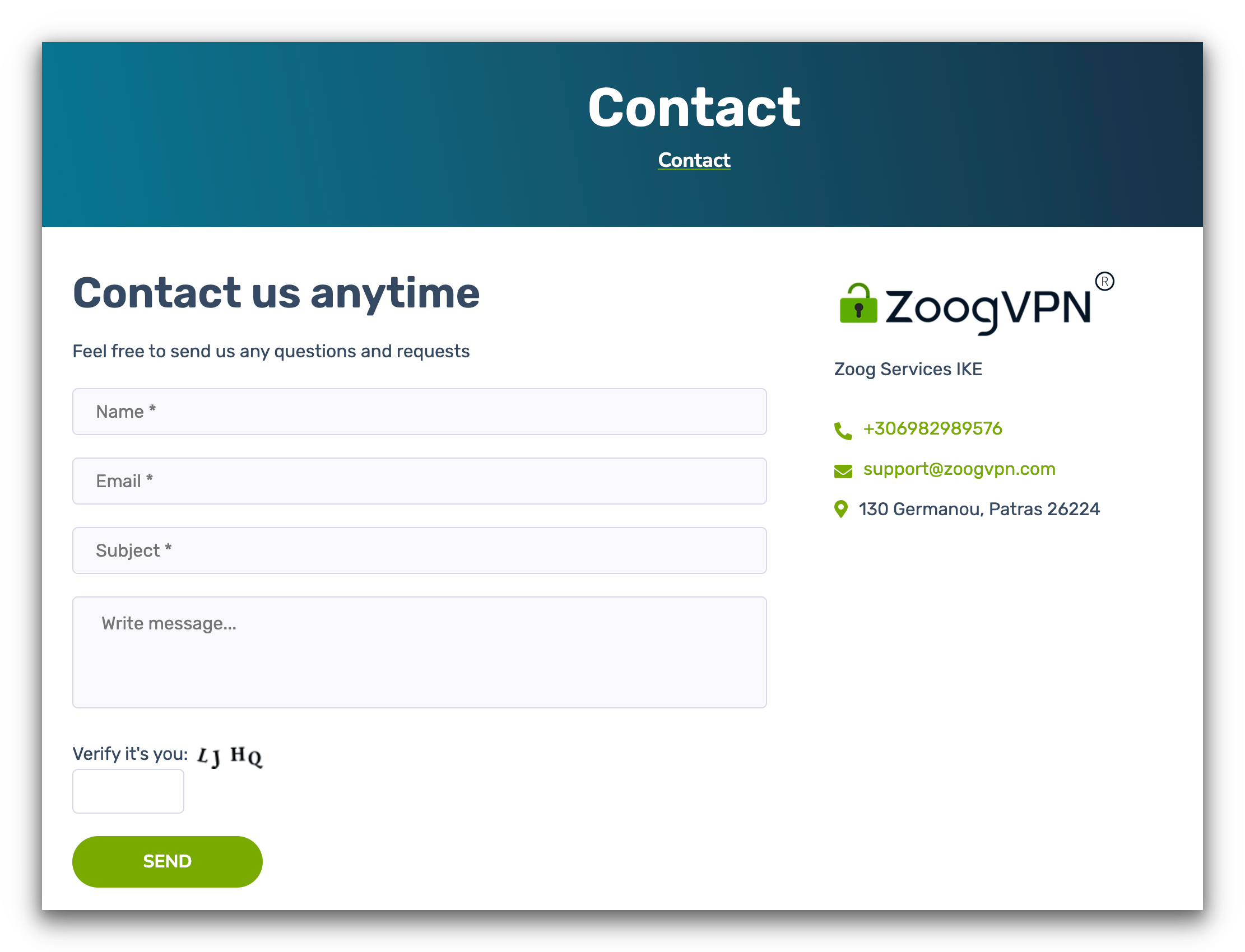 Página de contato no site da ZoogVPN. 