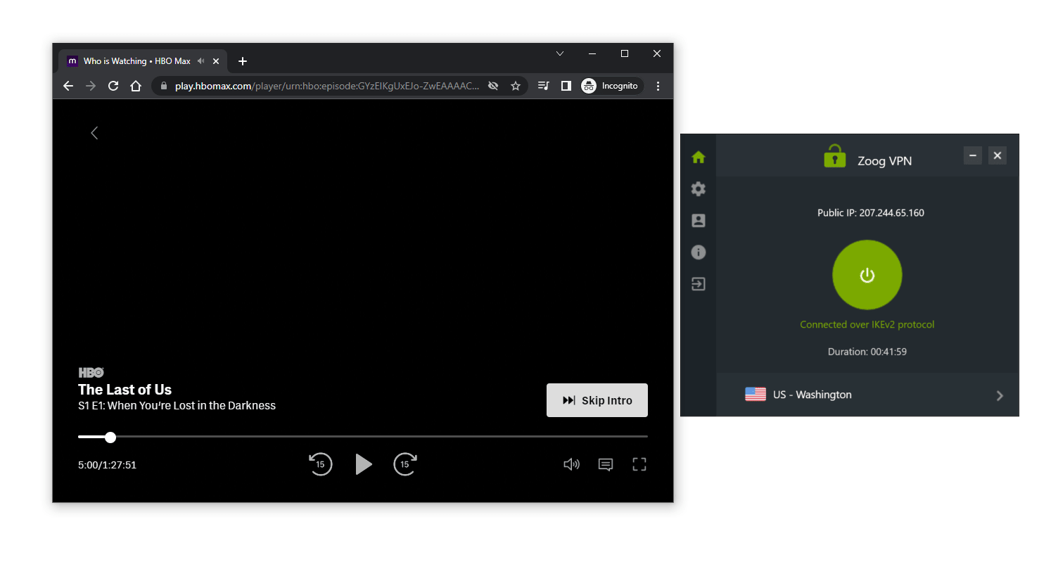 Lors de nos récents tests, le serveur Washington de la version gratuite de ZoogVPN a fonctionné avec HBO Max. 