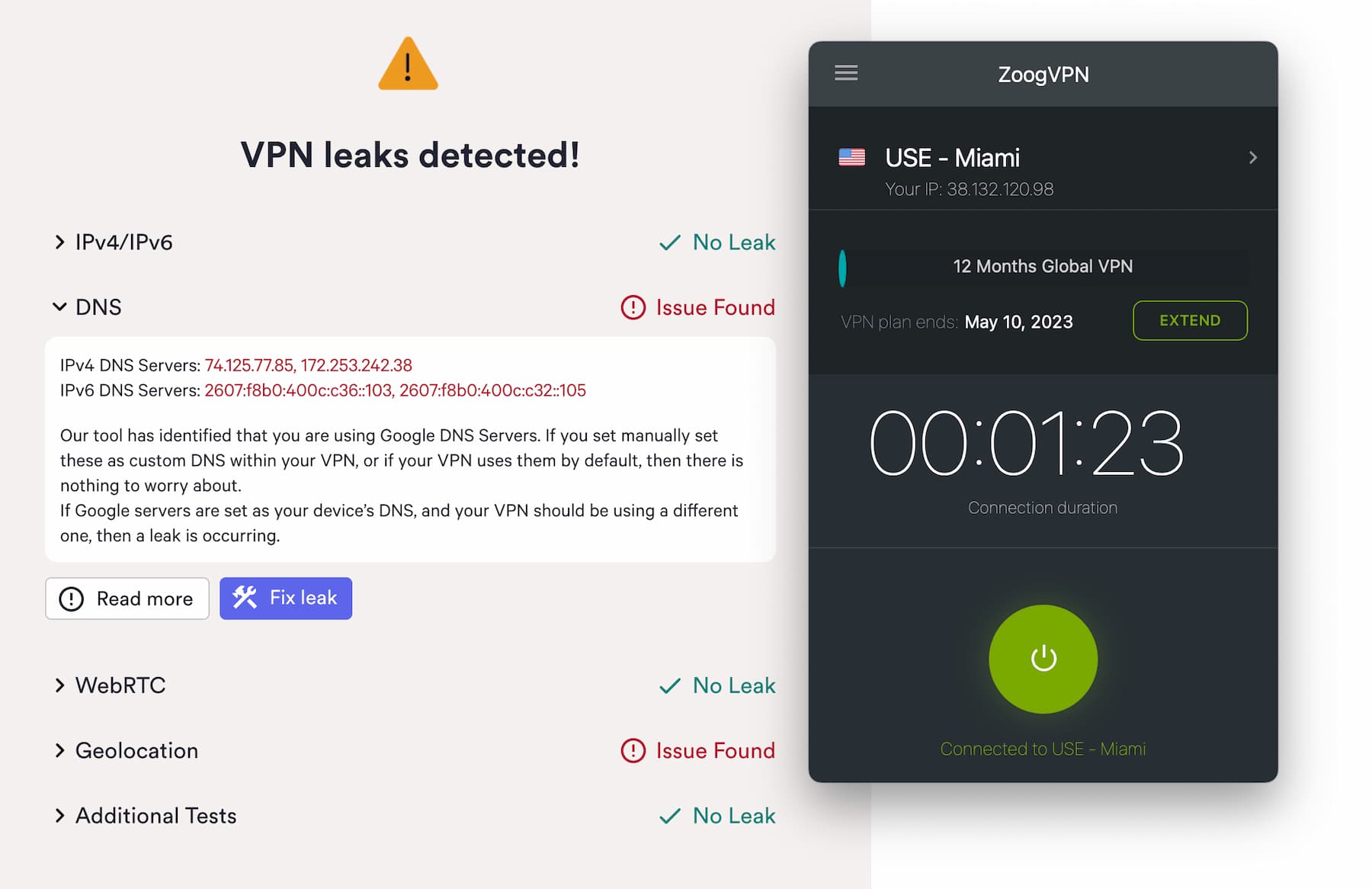 Un test dei leak fallito con ZoogVPN connesso a un server di Miami.