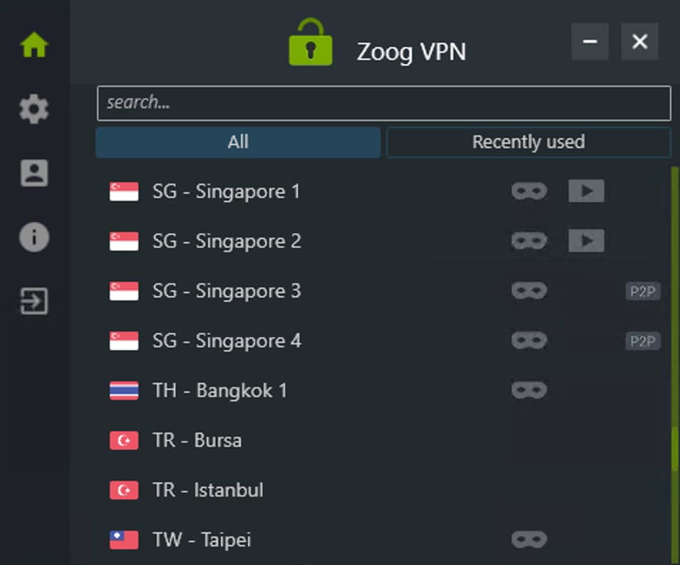Zrzut ekranu z listą serwerów ZoogVPN na Windowsie.