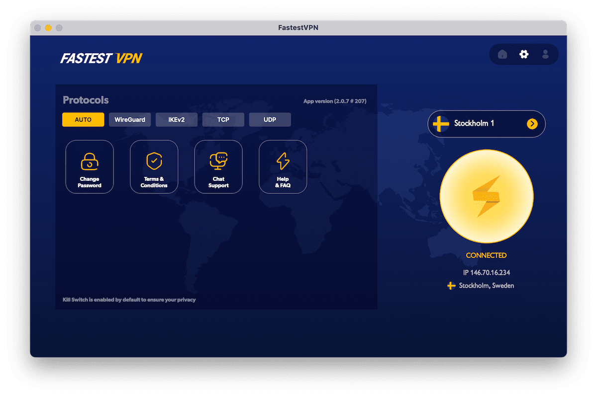 Los protocolos VPN disponibles para la selección en la aplicación FastestVPN MacOS