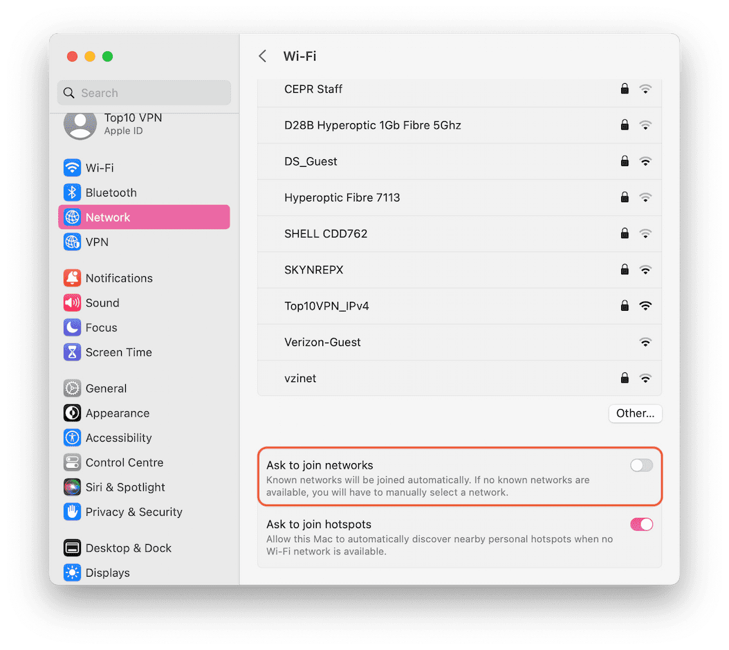 MacOS network settings.
