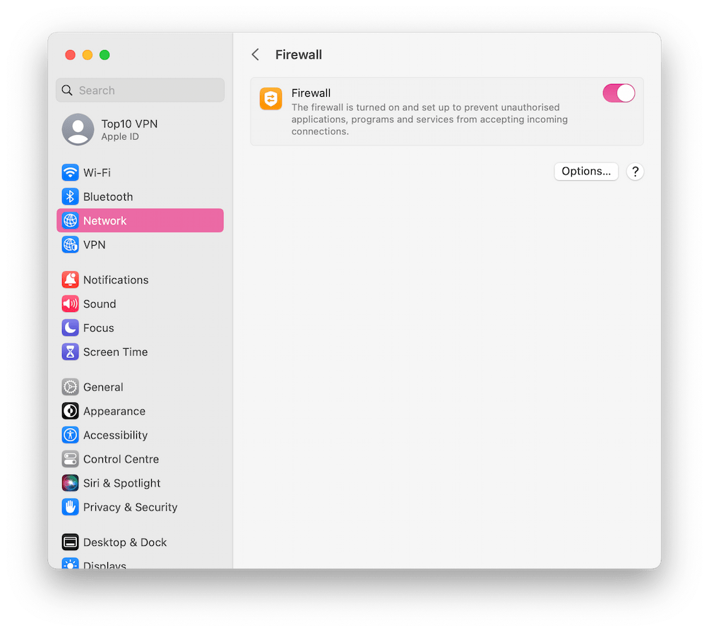 MacOS firewall settings