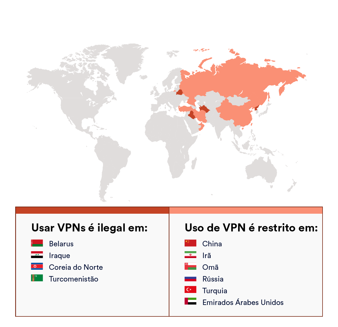 Mapa mostrando onde as VPNs são ilegais ou restritas