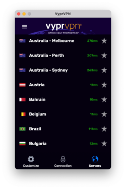 Schermata dell'elenco dei server di VyprVPN nell'app per macOS