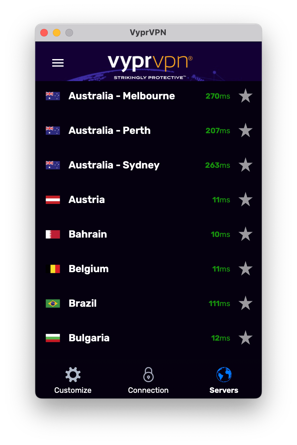 Screenshot of VyprVPN's server list in the macOS app