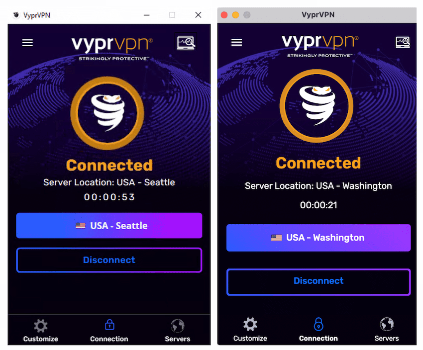 Home screen of VyprVPN's macOS and Windows apps