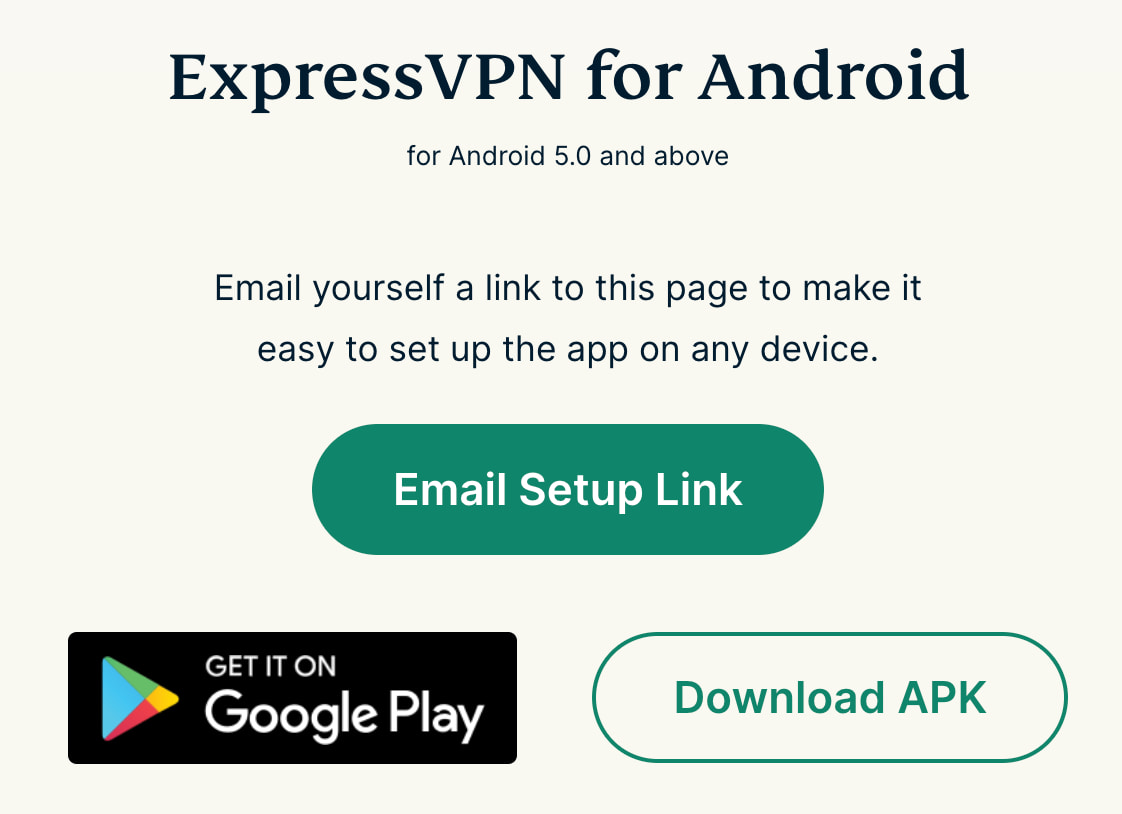 Imagen de la página de configuración de ExpressVPN con enlaces de descarga a la versión APK de la aplicación.