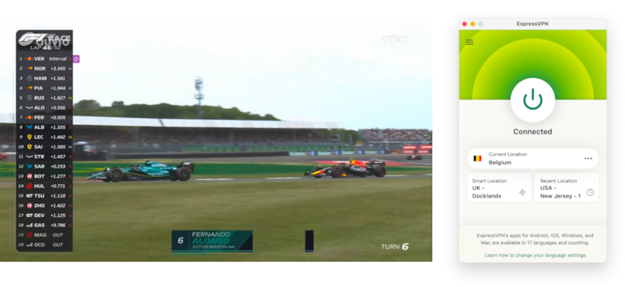 Usando a ExpressVPN para acessar transmissões ao vivo da F1 gratuitamente.
