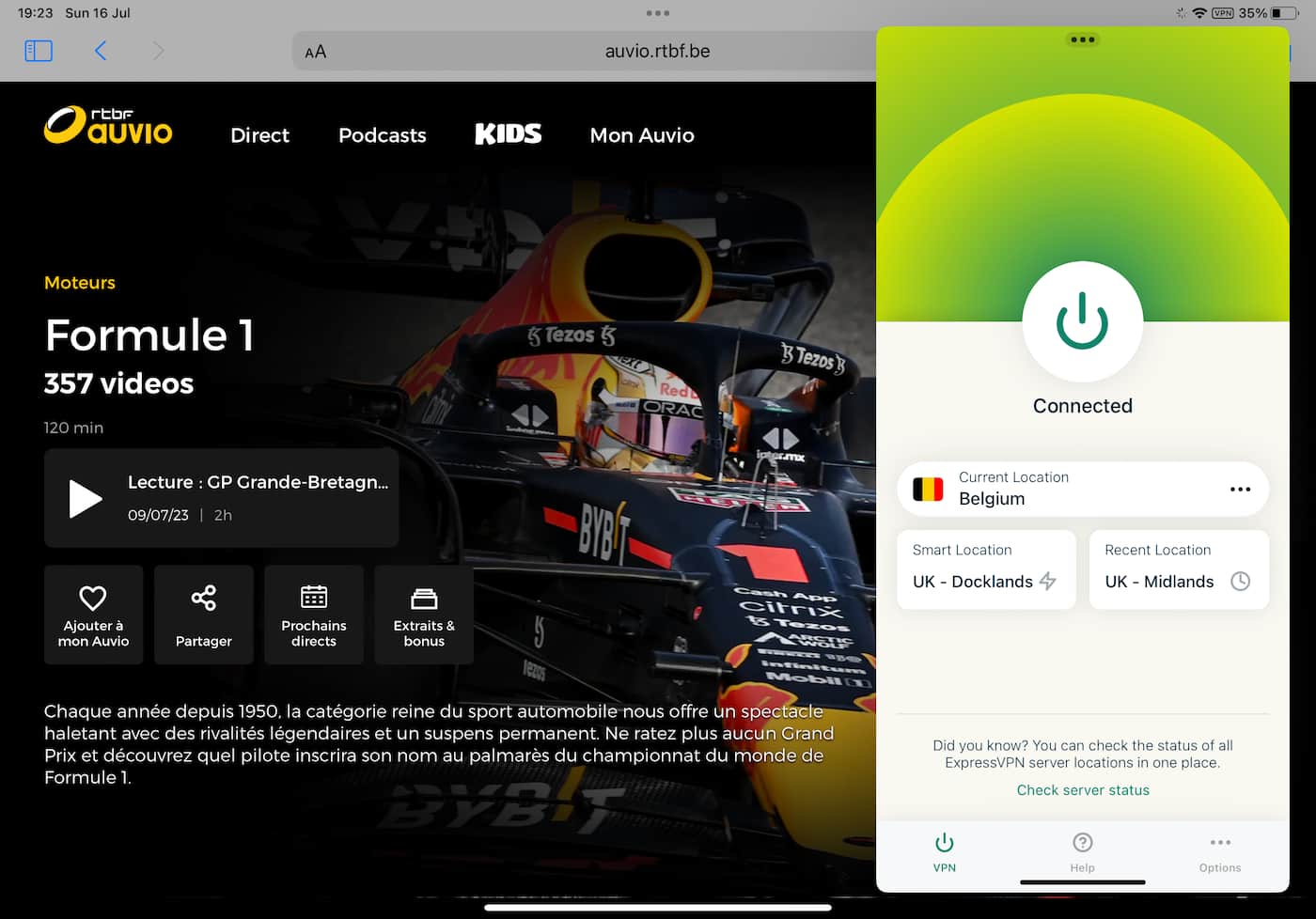 Streaming gratuito de F1 en iOS a través del sitio web de RTBF Auvio