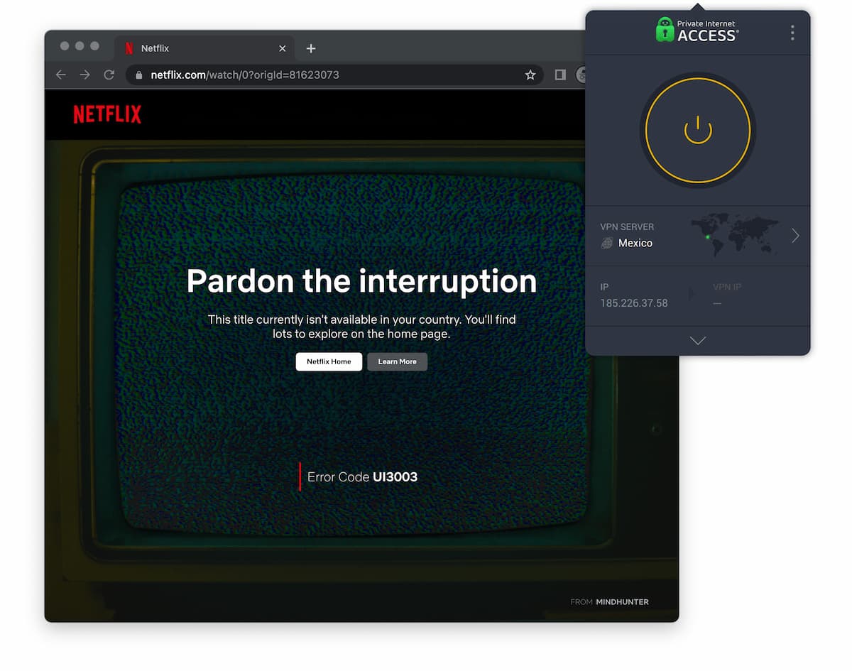 Mensagem de erro de bloqueio geográfico na Netflix México após a Netflix detectar uma VPN.