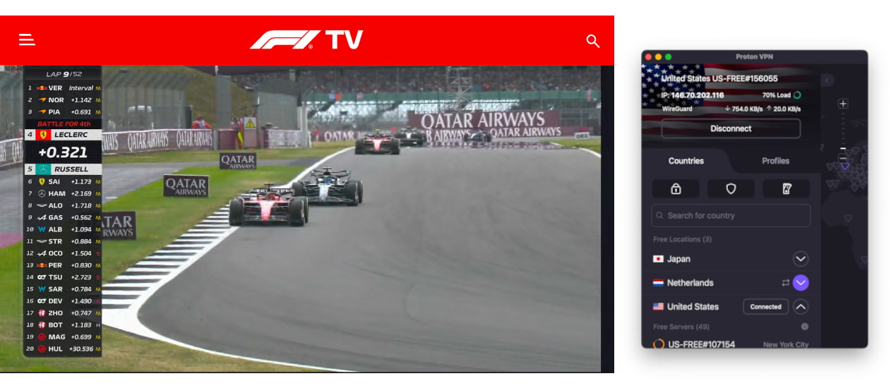 Usando Proton VPN Free para ver gratis la F1 en directo.