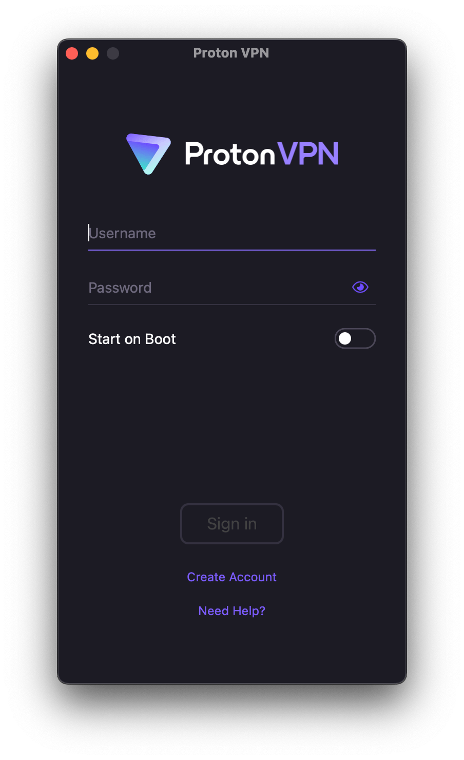 Proton VPN's login interface 