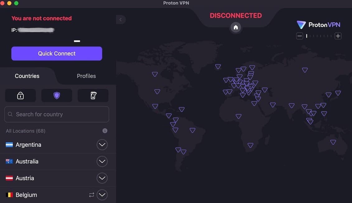 Proton VPN's server location menu