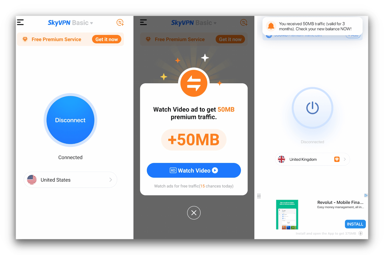 SkyVPN on mobile has lots of ads.