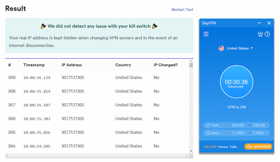 SkyVPN passed our kill switch test on Windows.