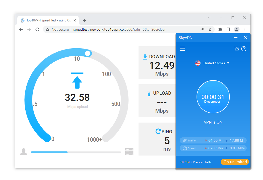 Test de vitesse SkyVPN sur Windows.